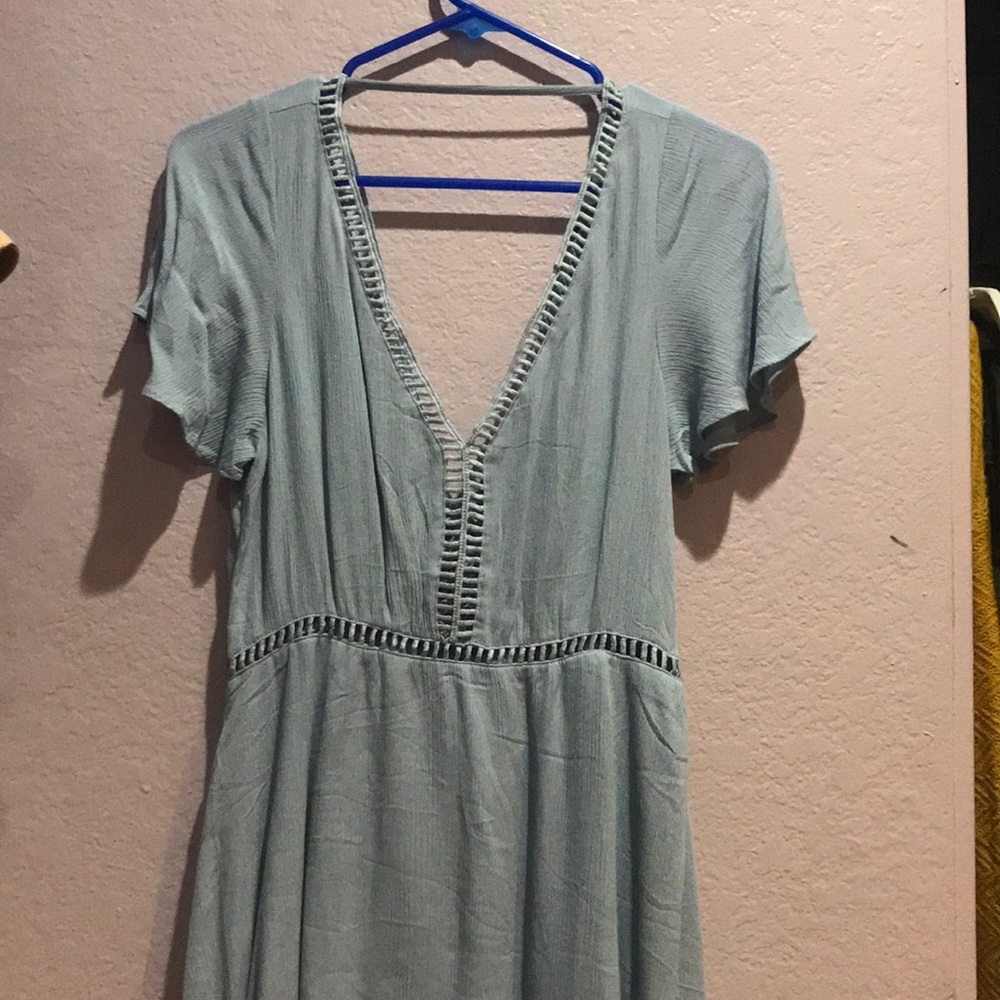 Blue flowy dress.